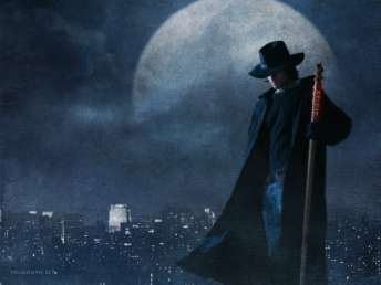 Harry Dresden in front of Chicago skyline
