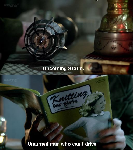 Who is the Doctor? Diptych. First panel shows Eleven's sonic screwdriver with the caption 'Oncoming storm'. The second is an image of the doctor reading a 'Knitting for Girls' magazine with the caption 'Unarmed man who can't drive'.