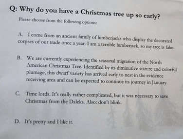 Q: Why do you have a Christmas tree up so early? Please choose from the following options.  A. I  come from an ancient line of lumberjacks who display the decorated corpses of our prey once a year. I am a terrible lumberjack, so my tree is fake. B.  We are currently experiencing the seasonal migration of the North American Christmas tree. Identified by its diminutive stature and colorful plumage, this dwarf variety has arrived early to nest in the evidence receiving area and can be expected to continue its journey in January. C. Time Lords. It's really rather complicated but it was necessary to save Christmas from the Daleks. Also: don't blink. D. It's pretty and I like it.