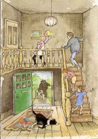 family running into house and up stairs, through the door they've left open you can see the bear carefully opening the gate - image from "We're Going on a Bear Hunt"