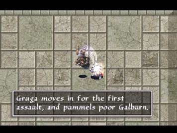 Pixelated computer characters hitting one another. Caption reads: Gruga moves in for the first assault, and pummels poor Galbern