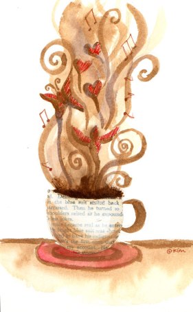 painting of a coffee cup with butterflies and hearts and musical notes rising in the steam