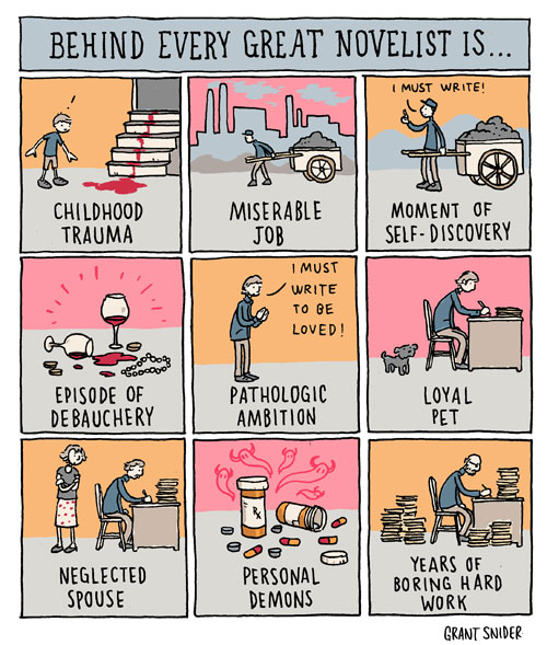Nine panels illustrating: childhood trauma, miserable job, moment of self-discovery, episode of debauchery, pathological ambition (I must write to be loved!), loyal pet, neglected spouse, personal demons, years of boring hard work.