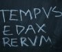 chalkboard with the words 'tempus edax rerum' written in roman style lettering