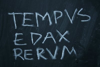 chalkboard with the words 'tempus edax rerum' written in roman style lettering
