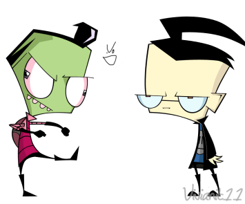 Zim and Dib from "Invader Zim". Zim is doing a victory dance while Dib looks on, glowering.
