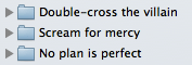 screenshot of a group of chapter titles that read: 'Double-cross the villain', 'Scream for mercy', 'No plan is perfect'