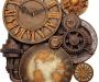 Several clocks and gears and an image of a globe interweaving