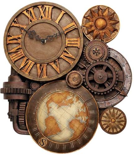 Several clocks and gears and an image of a globe interweaving