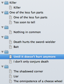 screen shot of in-progress group of chapters with several headings missing but scene titles visible