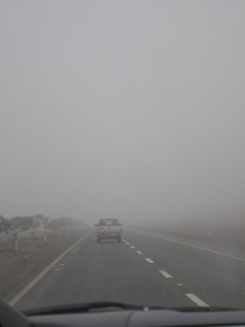 view from interior of car of a street disappearing into fog with a truck at the limit of vision ahead