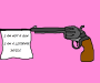 Against an appallingly pink background is the sketch of a gun with a flag dangling from the barrel instead of the traditional fake-gun flag which would say 'bang', this one says 'I am not a gun, I am a literary device'.