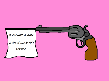 Against an appallingly pink background is the sketch of a gun with a flag dangling from the barrel instead of the traditional fake-gun flag which would say 'bang', this one says 'I am not a gun, I am a literary device'.