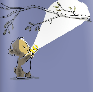A page from "Don't Worry Bear" by Greg Foley, showing the little bear outside at night, shining his flashlight up at his cocooned caterpillar friend in the tree with a concerned expression.