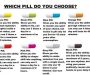Which Pill Do You Choose? Yellow Pill: Gives you the ability to read anybody's thoughts inside a 100m radius, can only use 5 times a day for a maximum of 30 minutes. Green Pill: Give you the ability to fly, can only use 3 times a day for a maximum of an hour. Blue Pill: Gives you the ability to master any sport of your choice, but toxins in pill only let you live for 10 more years after consumption. Orange Pill: Gives you the ability to get high without weed, can only use 4 times a day and lasts for 45 minutes. Red Pill: Gives you the ability to access the internet with your mind, can only use 6 times a day for a maximum of an hour. Pink Pill: Gives you the ability to shape-shift into anything, can only use 2 times a day for a maximum of 2 hours. Grey Pill: Gives you the ability to make someone love you with a single touch, can only use 10 times in your lifetime. Can turn on/off. Black Pill: Gives you the ability to see into the future by a maximum of 5 years, can use anytime, but using your power publicly causes a lot of hassle to your daily life.
