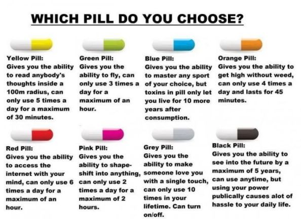 Which Pill Do You Choose? Yellow Pill: Gives you the ability to read anybody's thoughts inside a 100m radius, can only use 5 times a day for a maximum of 30 minutes. Green Pill: Give you the ability to fly, can only use 3 times a day for a maximum of an hour. Blue Pill: Gives you the ability to master any sport of your choice, but toxins in pill only let you live for 10 more years after consumption. Orange Pill: Gives you the ability to get high without weed, can only use 4 times a day and lasts for 45 minutes. Red Pill: Gives you the ability to access the internet with your mind, can only use 6 times a day for a maximum of an hour. Pink Pill: Gives you the ability to shape-shift into anything, can only use 2 times a day for a maximum of 2 hours. Grey Pill: Gives you the ability to make someone love you with a single touch, can only use 10 times in your lifetime. Can turn on/off. Black Pill: Gives you the ability to see into the future by a maximum of 5 years, can use anytime, but using your power publicly causes a lot of hassle to your daily life.