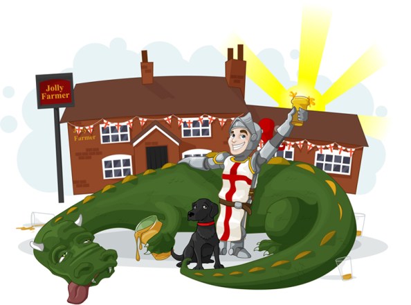 Against the background of an English pub a dragon, clearly drunk and somewhat the worse for wear, slumps on the ground surrounded by empties and clutching his current glass of beer. A knight, dressed in the style of St George stands with one hand proprietarily on the dragon's back and the other raising his own glass triumphantly in the air. There is also a dog.