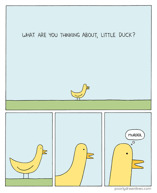 Four panel comic of a duck. The caption over the first distant view of the duck is the question: "What are you thinking about, little duck?" The following panels zoom in on the duck's head until the last one contains a thought bubble from the duck's head that reads: "Murder."