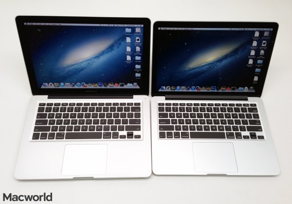 Regular 13-inch MacBook Pro next to the new Retina 13-inch MacBook Pro (late 2012 models). The Retina is a little smaller in all dimensions.