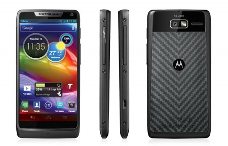 Front, side and back view of the Motorola Razr M mobile phone. Basically looks like a phone, the back has an unusual textured pattern.