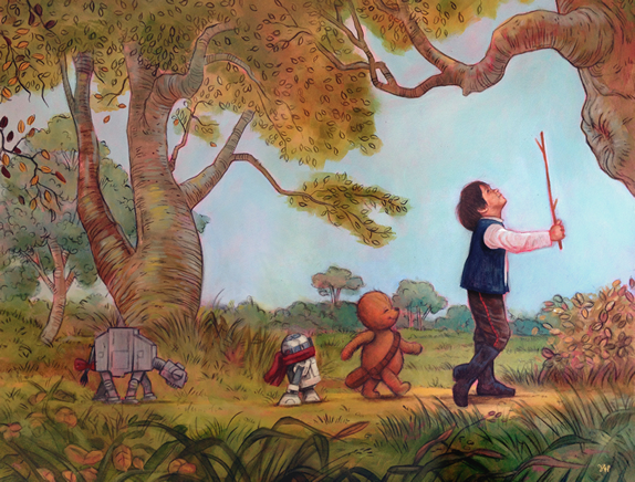 In the art style of Winnie the Pooh four characters are walking down the path. The leader is a boy (dressed as Han Solo), the second is a bear (with a striking resemblance to a certain wookie), the third a miniature R2-D2 with a red scarf tied around his neck and the fourth, several steps behind, a miniature AT-AT walker with a drooping head and a red ribbon tied into a bow on its tail.