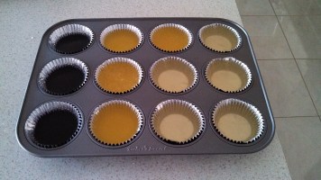 Jello shots made in a cupcake tray in three different colours/flavours