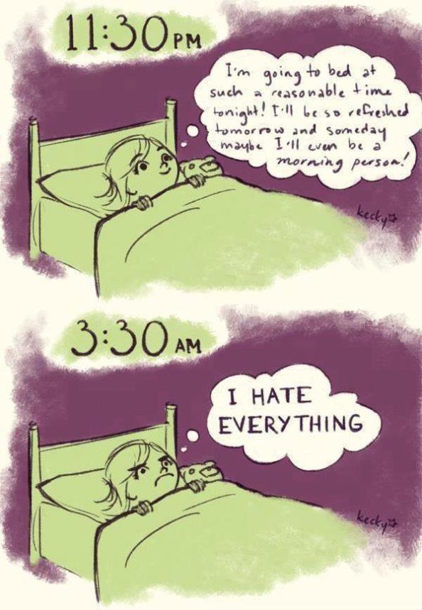 Two panel comic. A young girl lies in bed. The first panel is labelled 11:30pm. The girl thinks: I'm going to bed at such a reasonable time tonight! I'll be so refreshed tomorrow and someday maybe I'll even be a morning person! The second panel is labelled 3:30am. The girl thinks: I HATE EVERYTHING