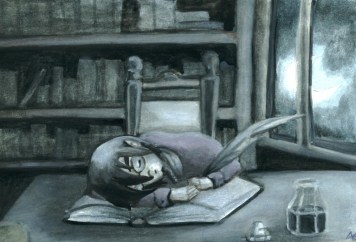 Writer asleep over a book, quill still in hand, ink pot at the ready.