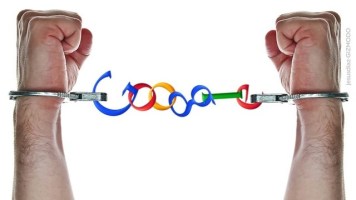 Handcuffed hands where the chain between is made of the word 'Google'