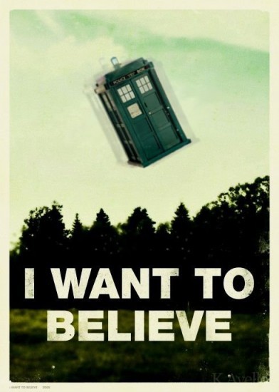 Fuzzy image of the TARDIS flying over a treeline. Caption reads: I want to believe.