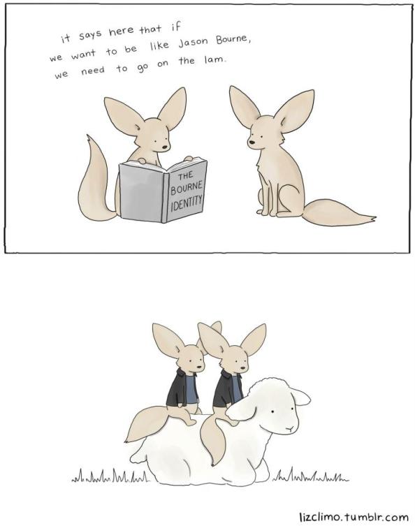 Two foxes are reading 'The Bourne Identity'. One of them says, "It says here that if we want to be like Jason Bourne, we need to go on the lam." In the next panel both foxes are dressed in blue t-shirts and black jacks and they are sitting on the back of a kneeling lamb.