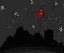 Red robot flying up into the sky above a darkened city.