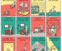Twelve panels entitled 'Performance-enhancing drugs for writers'. The illustrated panels are named: Spanish wine for relaxation, mushrooms for imagination, LSD for crazy visions, correction fluid for revisions, creative writing MFA, spells to ward your debt away, broken television set, workspace without internet, ointments for rejection's sting, honest, ruthless editing, long, strange trips for inspiration and transcendental caffeination.