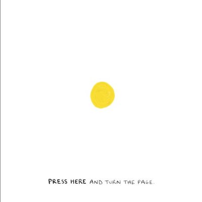 A yellow circle sits in the centre of a white page. Black print advises: PRESS HERE AND TURN THE PAGE