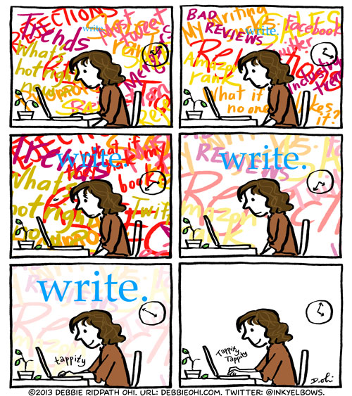 Six panel comic. A writer sits at her laptop. The background is a mess of incoherent words. As the panels continue the background noise gradually fades as the word 'write' becomes clearer. In the last panel the background is empty and the writer begins to write.