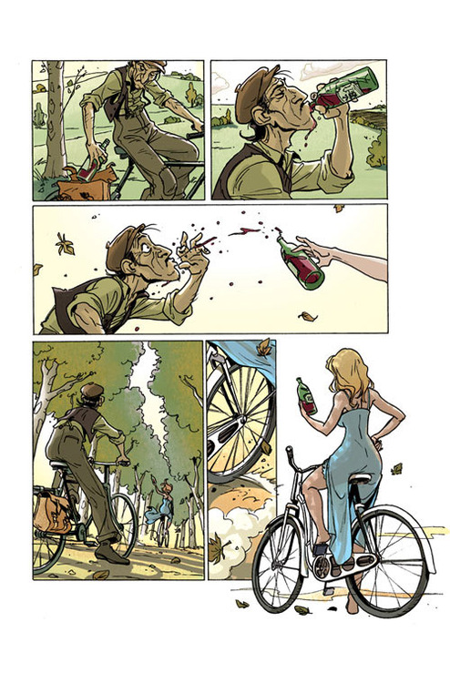 A man on a bicycle rides along a rode drinking from a bottle of wine. A woman in a blue dress, rides past on her own bicycle and steals the bottle out of his hand.
