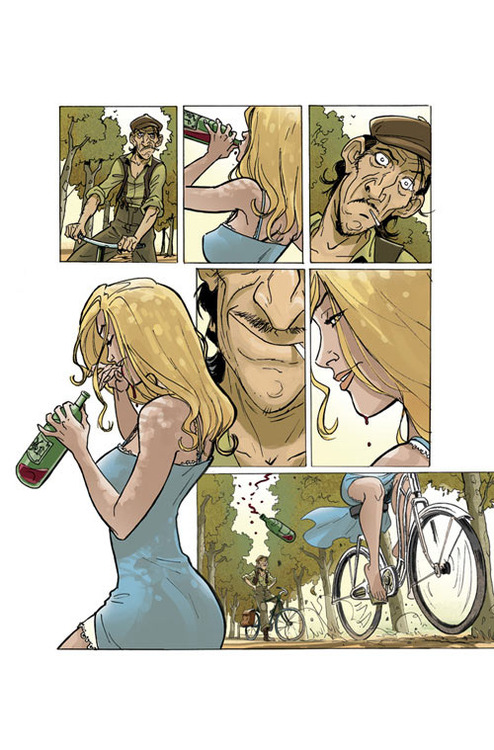 The woman takes a drink, smiles at him flirtatiously, and then starts to ride away, dropping the bottle.