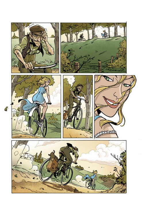 The man chases her. She glances back encouraging him as they race.