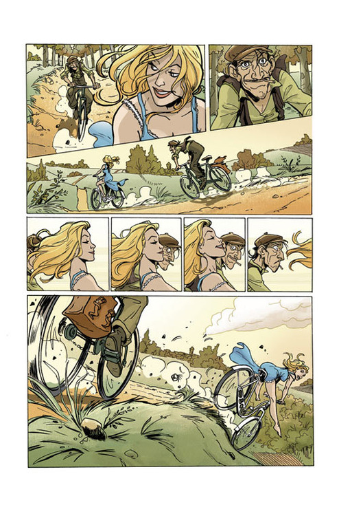 The man comes up alongside her, but then she pulls away again as they head into some rougher terrain.