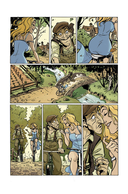 The man catches up with her again as they cross a bridge. She leans in, as if about to kiss him.