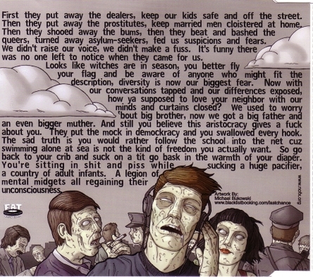 Back of album cover for NOFX's "Regaining Unconsciousness". A group of zombies listening to music. Above them the lyrics of the song are written through the clouds.