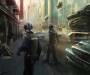science fiction cityscape with policemen in the foreground