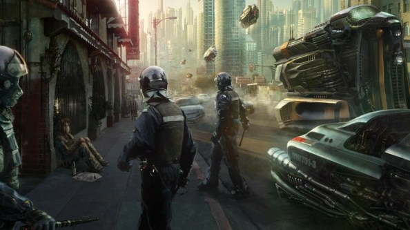 science fiction cityscape with policemen in the foreground