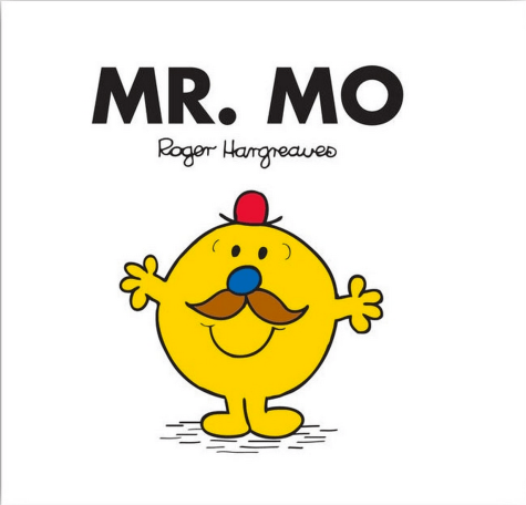 Cover of 'Mr Mo' by Roger Hargreaves. A white square featuring the title and author with the titular character featured underneath. Mr Mo is a mustard yellow, circular individual with a tiny red bowler hat a blue nose a splendid moustache and a big smile.