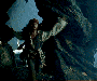Screen cap from Pirates of the Caribbean. Captain Jack Sparrow runs through the cave pursued by a much more leisurely paced Barbossa.