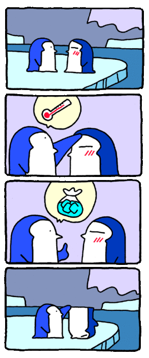 Cartoon of two penguins on a glacier. The first penguin looks flushed. The second penguin takes the first's temperature with a flipper and indicates the other penguin is hot and should put ice on it. The second penguin then turns the first upside down so the first's head is on the glacier.