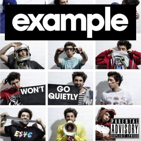 Cover for Example's album "Won't go quietly." Posed a series of mugshots with the artist alternatively saluting while wearing an astronaut's helmet, peering through backwards sunglasses, hiding behind his t-shirt, scratching his head, gnawing on the board, looking a little lost with lipstick on his cheek in the shape of lips, biting a piece of duct tape, talking through a megaphone and dressed in a onesie.