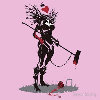 The Queen of Hearts by Simon Sherry. Shows the Red Queen as a disjoined outlined automaton-like figure with a heart for a head. She is playing croquet with an axe, her ball a bleeding rose. There is blood on the mallet/axe and on her free hand.