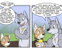 "Housepets" comic. A... puppy(?) and a dog(?) stand in front of a green house. The puppy says, "Huh? This isn't my house." The dog says, "I was going to ask, why did the wolves show up and take you home last night?" The scene shifts the puppy standing with a wolf(?). The wolf says, "King! There you are. I wanted to let you know, the ferrets are very excited to bring a domestic onboard the equal challenge program! You might still be upset that your old owner had to leave quite suddenly, but I want to reassure you we will do everything in our power to make you feel at home." The puppy says, "...WHY did you have a shaving kit inside your bathroom?" The wolf calls out, "HEY DARYL! WHY DO YOU HAVE A SHAVING KIT IN OUR BATHROOM?" A voice answers distantly, "A wolf has to have his secrets."