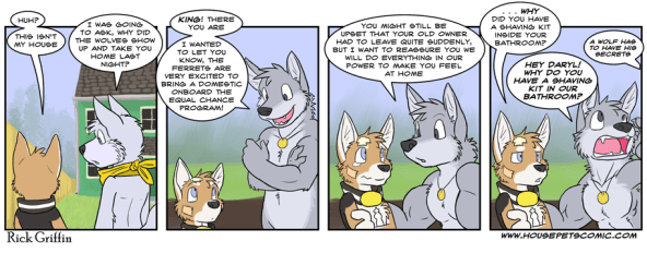 "Housepets" comic. A... puppy(?) and a dog(?) stand in front of a green house. The puppy says, "Huh? This isn't my house." The dog says, "I was going to ask, why did the wolves show up and take you home last night?" The scene shifts the puppy standing with a wolf(?). The wolf says, "King! There you are. I wanted to let you know, the ferrets are very excited to bring a domestic onboard the equal challenge program! You might still be upset that your old owner had to leave quite suddenly, but I want to reassure you we will do everything in our power to make you feel at home." The puppy says, "...WHY did you have a shaving kit inside your bathroom?" The wolf calls out, "HEY DARYL! WHY DO YOU HAVE A SHAVING KIT IN OUR BATHROOM?" A voice answers distantly, "A wolf has to have his secrets."